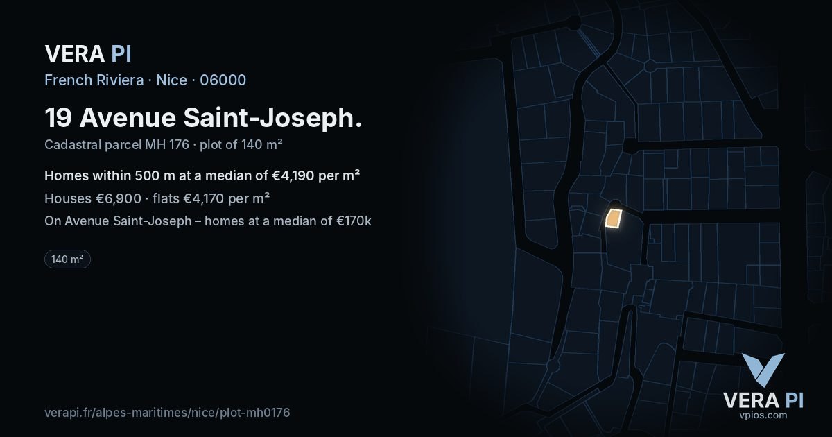 19 Avenue Saint-Joseph, Nice at night – the plot lit, the parcels around coloured by the prices near them
