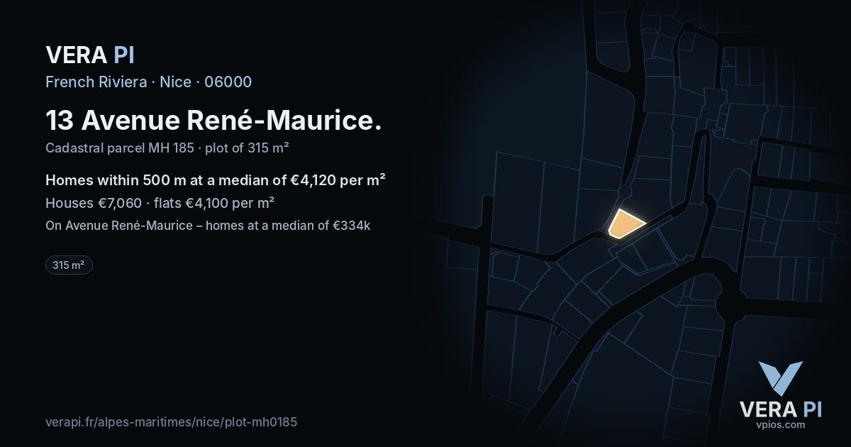 13 Avenue René-Maurice, Nice at night – the plot lit, the parcels around coloured by the prices near them