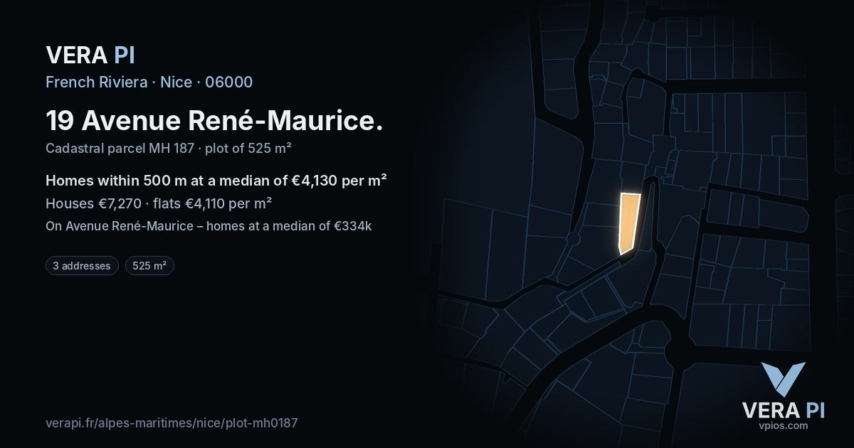19 Avenue René-Maurice, Nice at night – the plot lit, the parcels around coloured by the prices near them