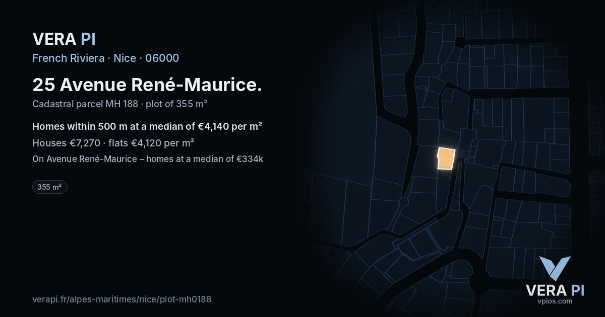 25 Avenue René-Maurice, Nice at night – the plot lit, the parcels around coloured by the prices near them