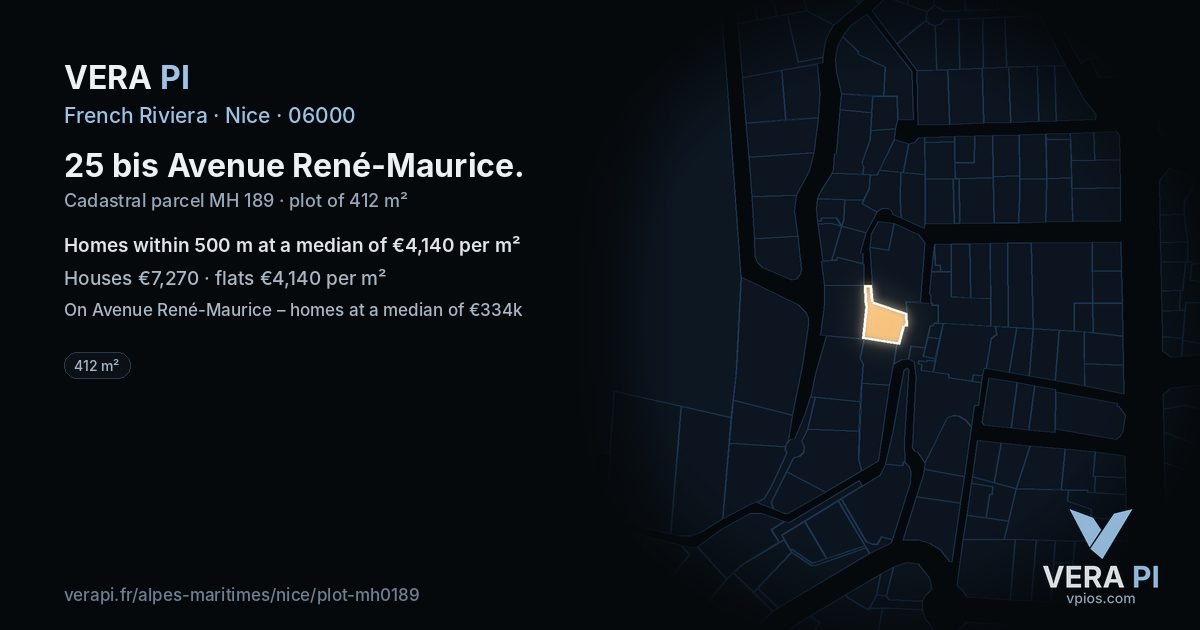 25 bis Avenue René-Maurice, Nice at night – the plot lit, the parcels around coloured by the prices near them