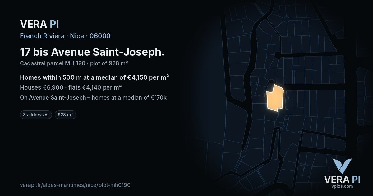 17 bis Avenue Saint-Joseph, Nice at night – the plot lit, the parcels around coloured by the prices near them