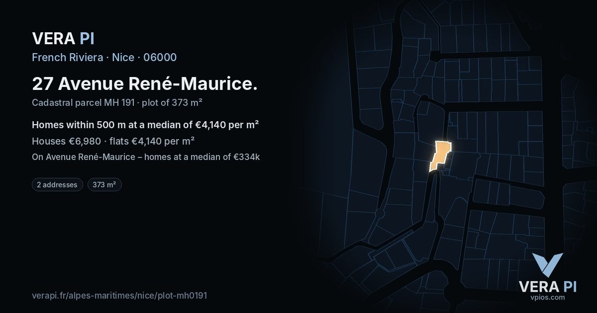 27 Avenue René-Maurice, Nice at night – the plot lit, the parcels around coloured by the prices near them