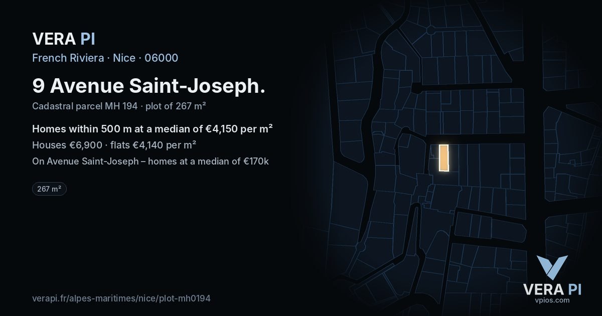 9 Avenue Saint-Joseph, Nice at night – the plot lit, the parcels around coloured by the prices near them