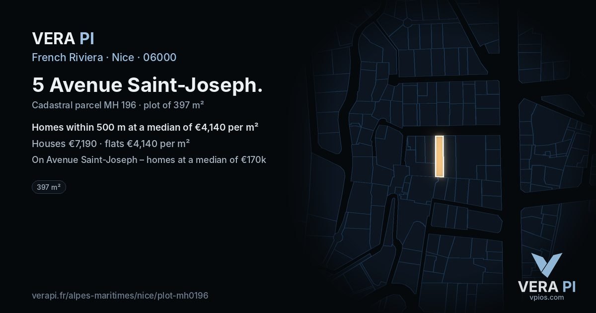 5 Avenue Saint-Joseph, Nice at night – the plot lit, the parcels around coloured by the prices near them