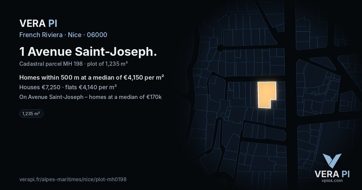 1 Avenue Saint-Joseph, Nice at night – the plot lit, the parcels around coloured by the prices near them