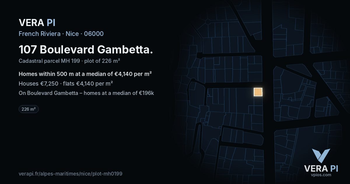 107 Boulevard Gambetta, Nice at night – the plot lit, the parcels around coloured by the prices near them