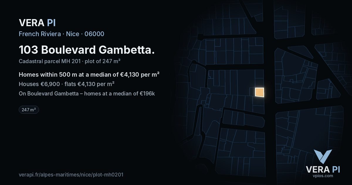 103 Boulevard Gambetta, Nice at night – the plot lit, the parcels around coloured by the prices near them