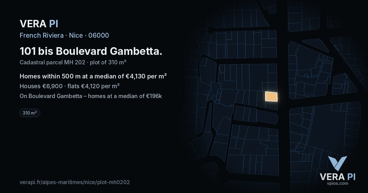 101 bis Boulevard Gambetta, Nice at night – the plot lit, the parcels around coloured by the prices near them