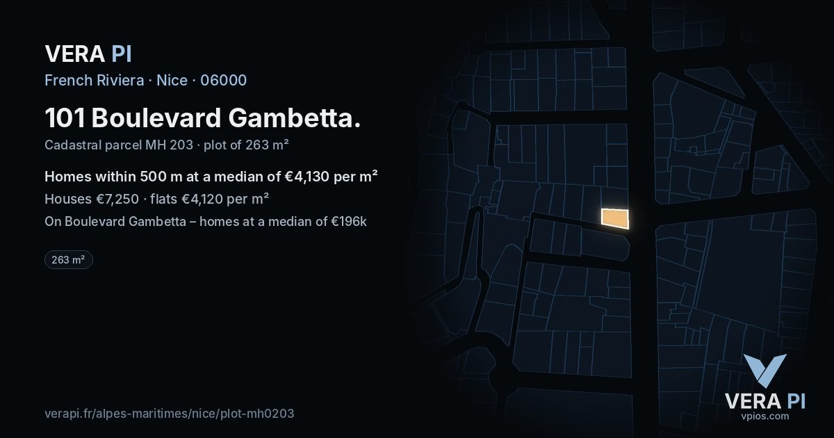 101 Boulevard Gambetta, Nice at night – the plot lit, the parcels around coloured by the prices near them