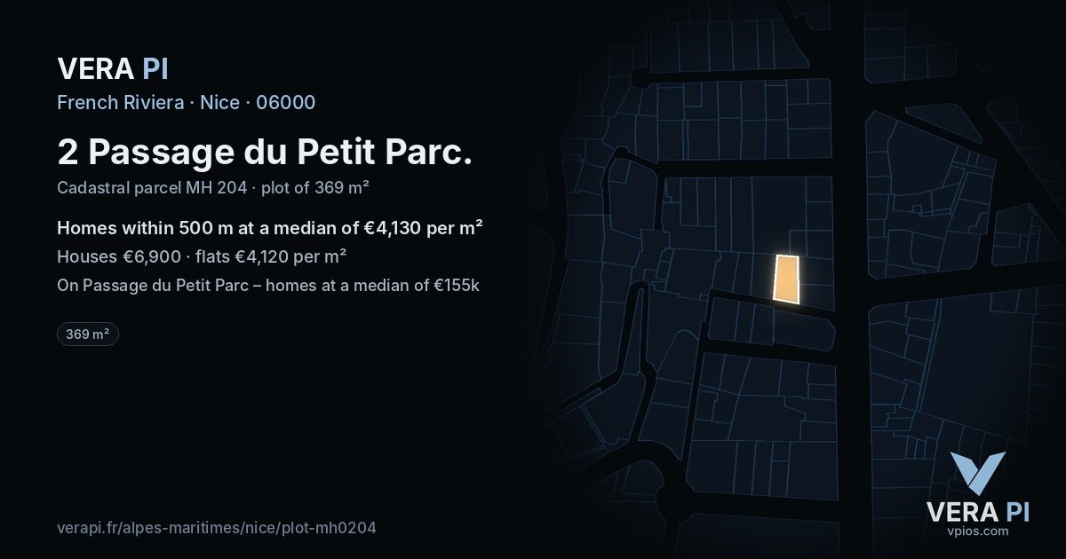 2 Passage du Petit Parc, Nice at night – the plot lit, the parcels around coloured by the prices near them