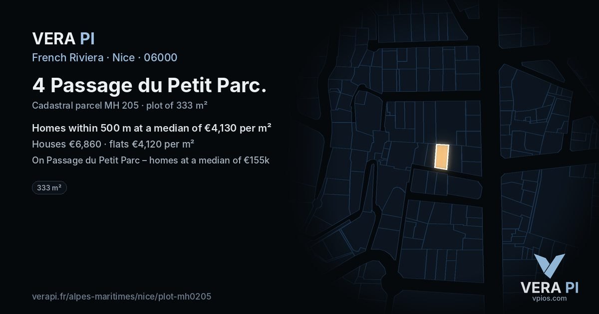 4 Passage du Petit Parc, Nice at night – the plot lit, the parcels around coloured by the prices near them