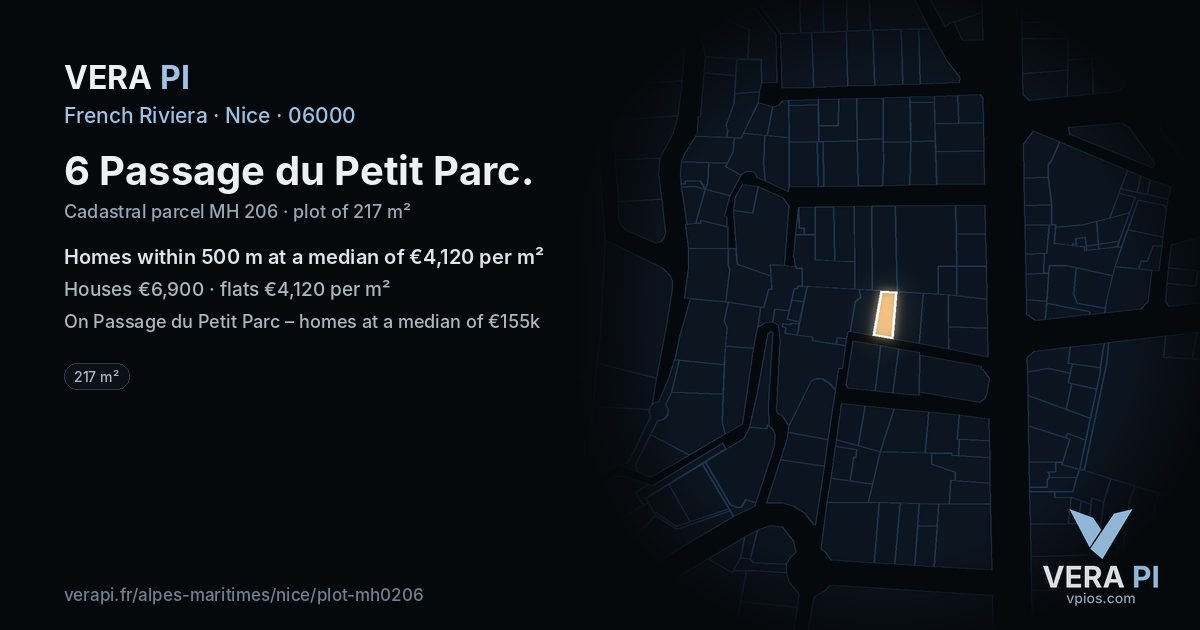 6 Passage du Petit Parc, Nice at night – the plot lit, the parcels around coloured by the prices near them