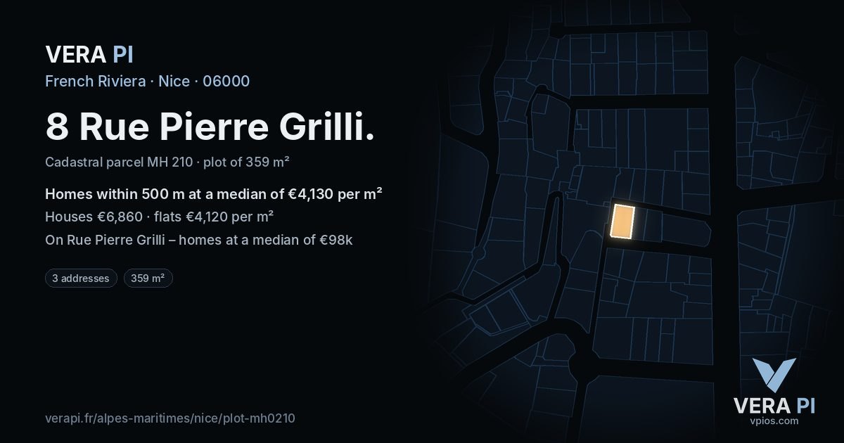8 Rue Pierre Grilli, Nice at night – the plot lit, the parcels around coloured by the prices near them
