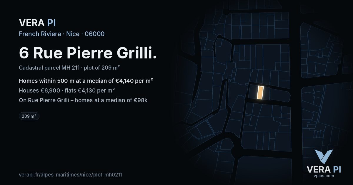 6 Rue Pierre Grilli, Nice at night – the plot lit, the parcels around coloured by the prices near them