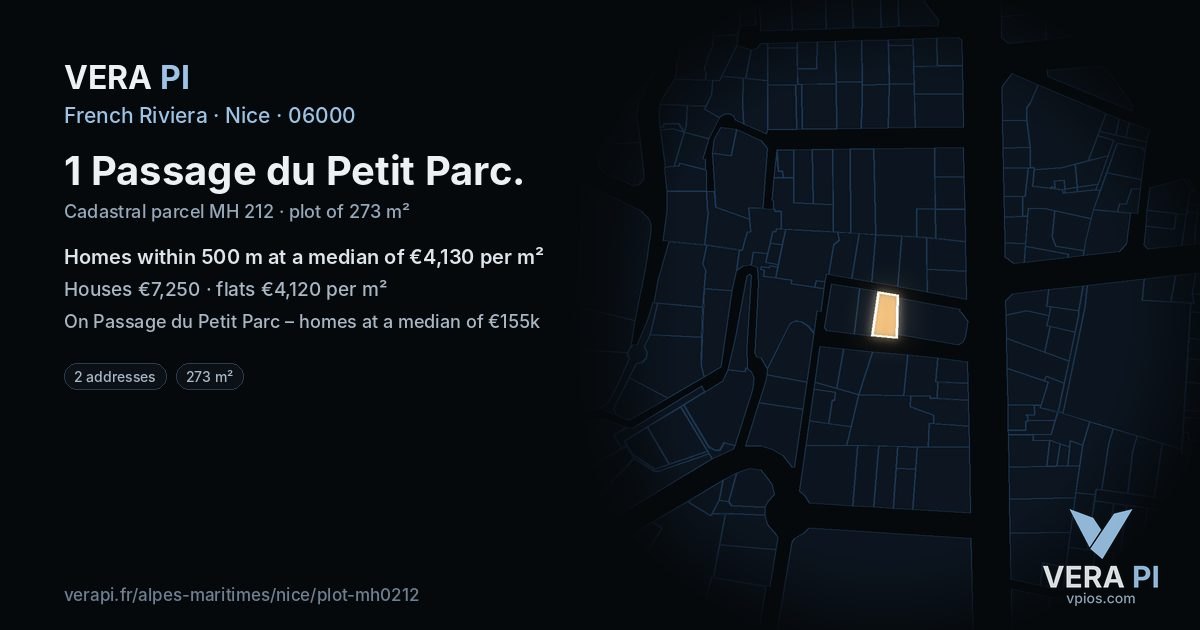 1 Passage du Petit Parc, Nice at night – the plot lit, the parcels around coloured by the prices near them