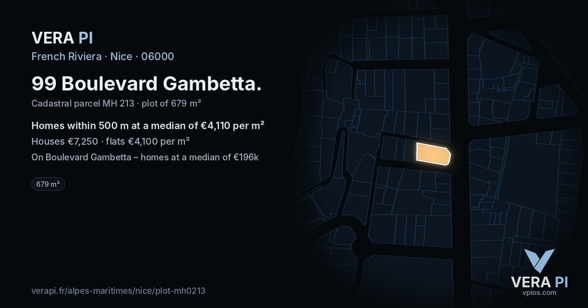 99 Boulevard Gambetta, Nice at night – the plot lit, the parcels around coloured by the prices near them