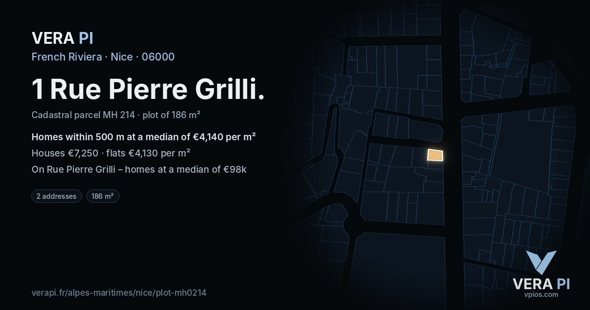 1 Rue Pierre Grilli, Nice at night – the plot lit, the parcels around coloured by the prices near them
