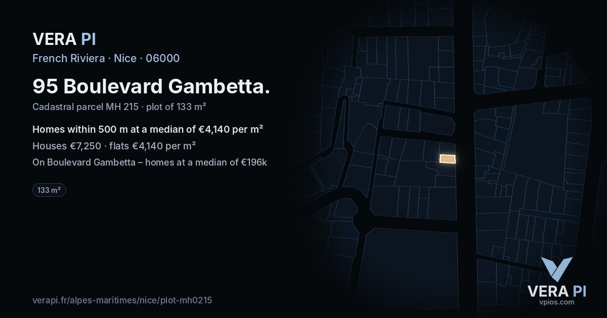 95 Boulevard Gambetta, Nice at night – the plot lit, the parcels around coloured by the prices near them