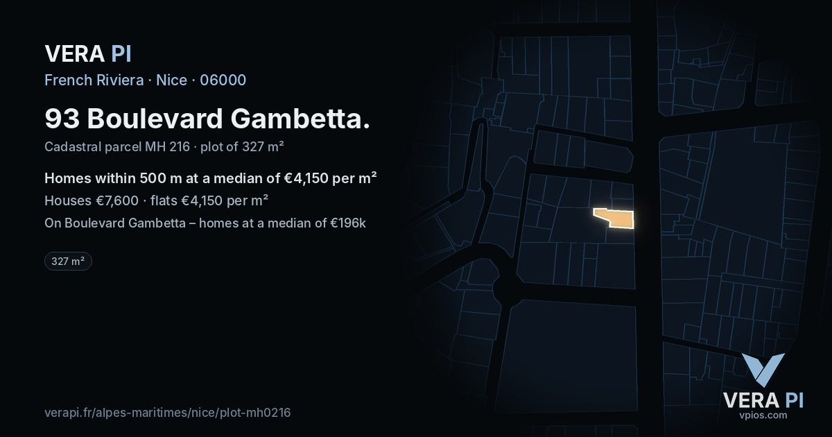 93 Boulevard Gambetta, Nice at night – the plot lit, the parcels around coloured by the prices near them