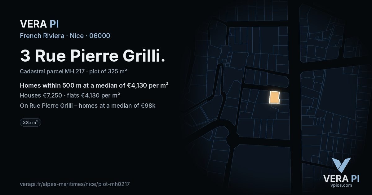 3 Rue Pierre Grilli, Nice at night – the plot lit, the parcels around coloured by the prices near them