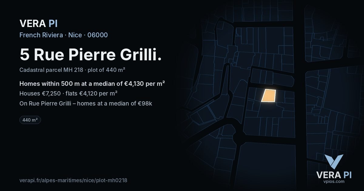 5 Rue Pierre Grilli, Nice at night – the plot lit, the parcels around coloured by the prices near them