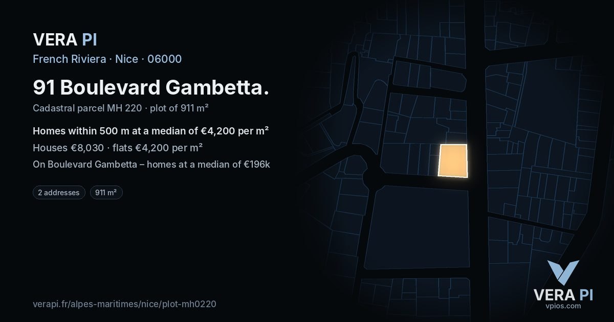 91 Boulevard Gambetta, Nice at night – the plot lit, the parcels around coloured by the prices near them
