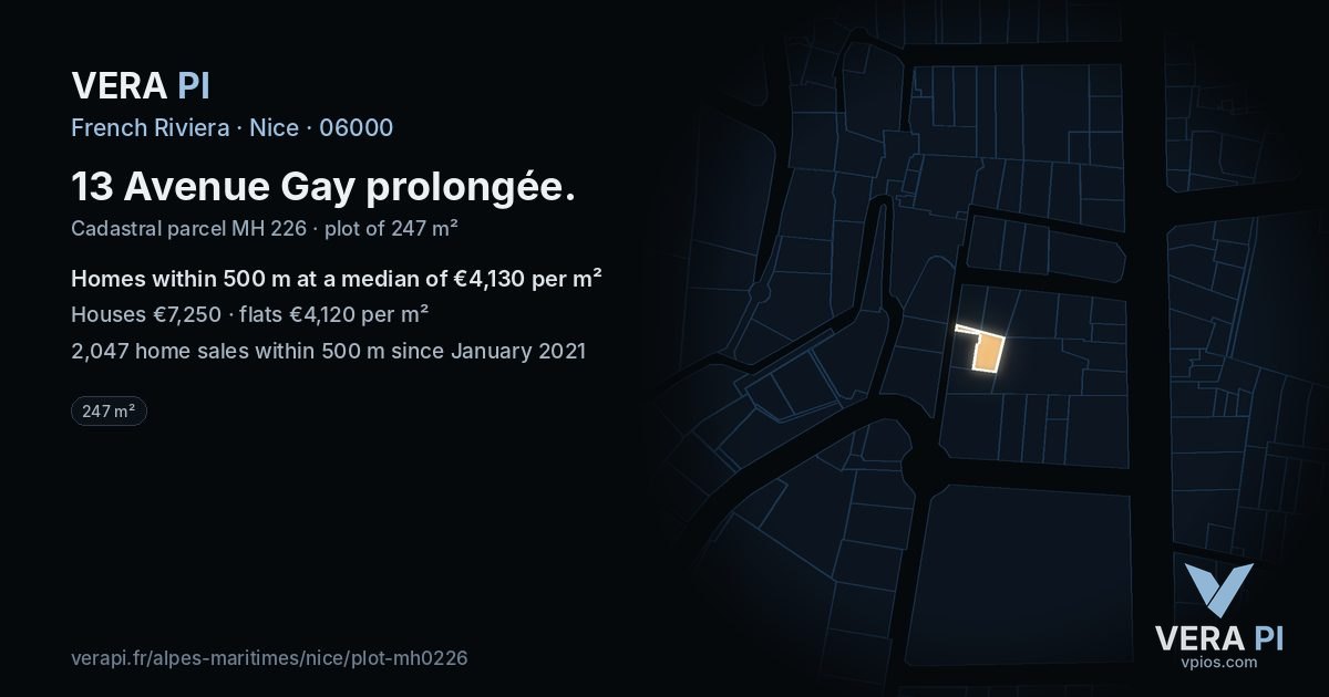 13 Avenue Gay prolongée, Nice at night – the plot lit, the parcels around coloured by the prices near them