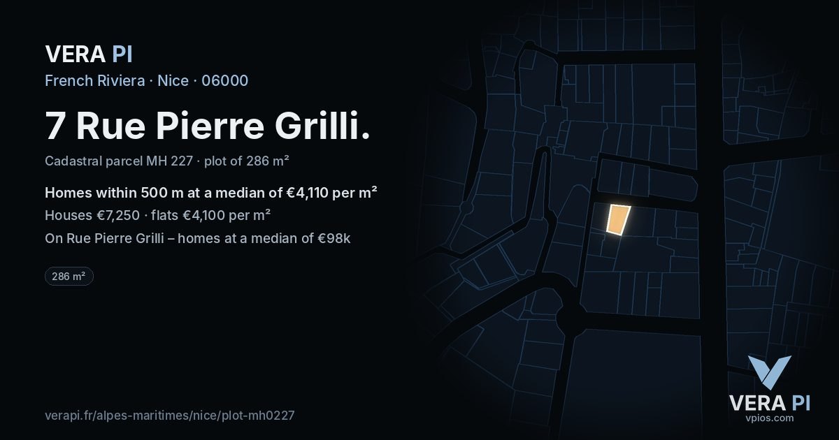 7 Rue Pierre Grilli, Nice at night – the plot lit, the parcels around coloured by the prices near them
