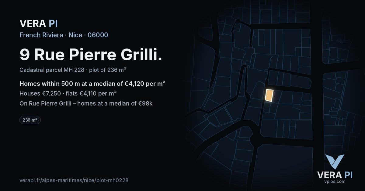 9 Rue Pierre Grilli, Nice at night – the plot lit, the parcels around coloured by the prices near them