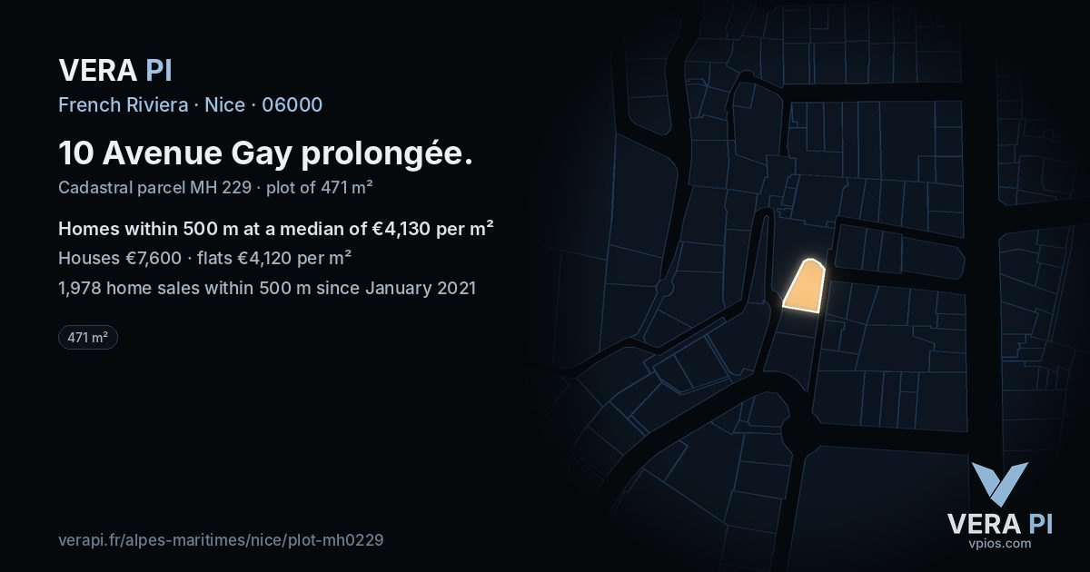 10 Avenue Gay prolongée, Nice at night – the plot lit, the parcels around coloured by the prices near them