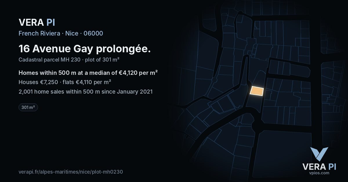 16 Avenue Gay prolongée, Nice at night – the plot lit, the parcels around coloured by the prices near them