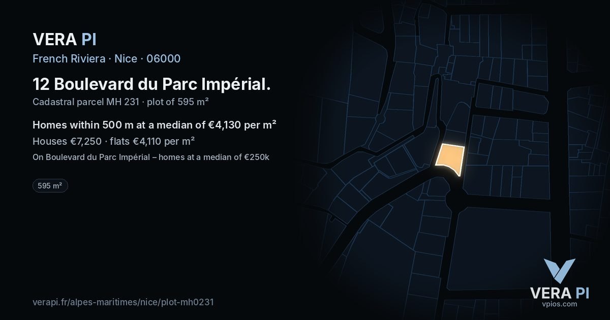 12 Boulevard du Parc Impérial, Nice at night – the plot lit, the parcels around coloured by the prices near them