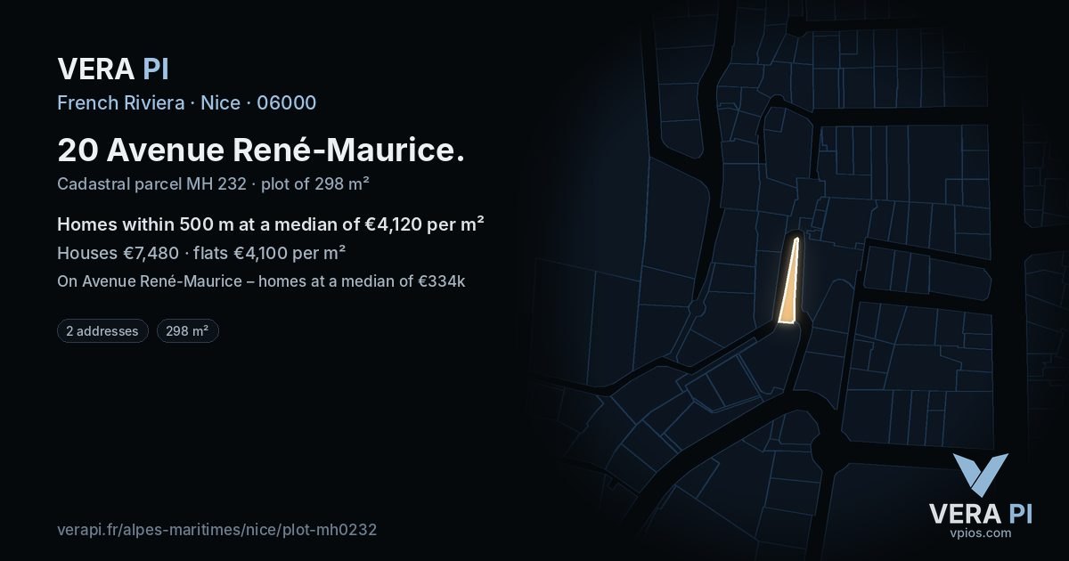 20 Avenue René-Maurice, Nice at night – the plot lit, the parcels around coloured by the prices near them