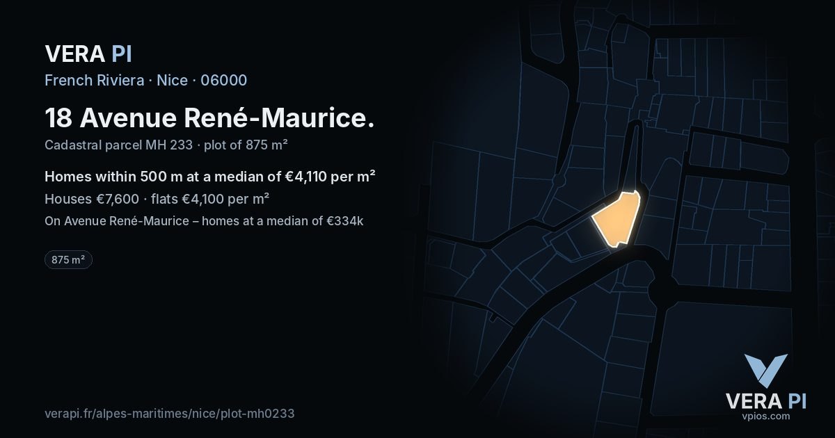 18 Avenue René-Maurice, Nice at night – the plot lit, the parcels around coloured by the prices near them