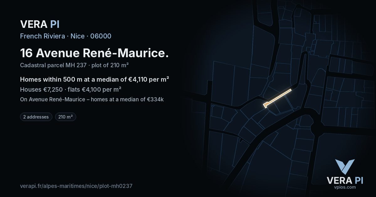 16 Avenue René-Maurice, Nice at night – the plot lit, the parcels around coloured by the prices near them