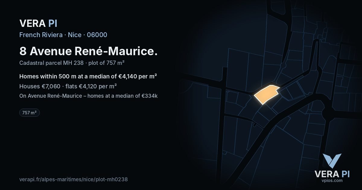 8 Avenue René-Maurice, Nice at night – the plot lit, the parcels around coloured by the prices near them