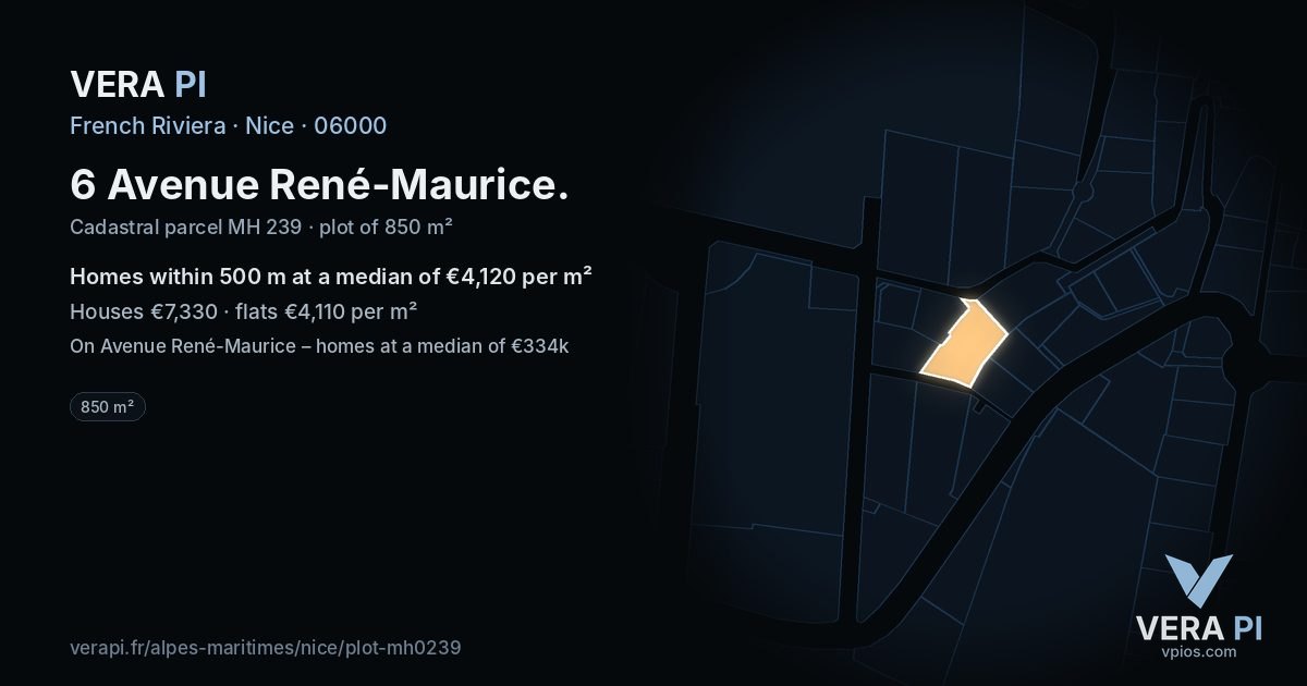 6 Avenue René-Maurice, Nice at night – the plot lit, the parcels around coloured by the prices near them