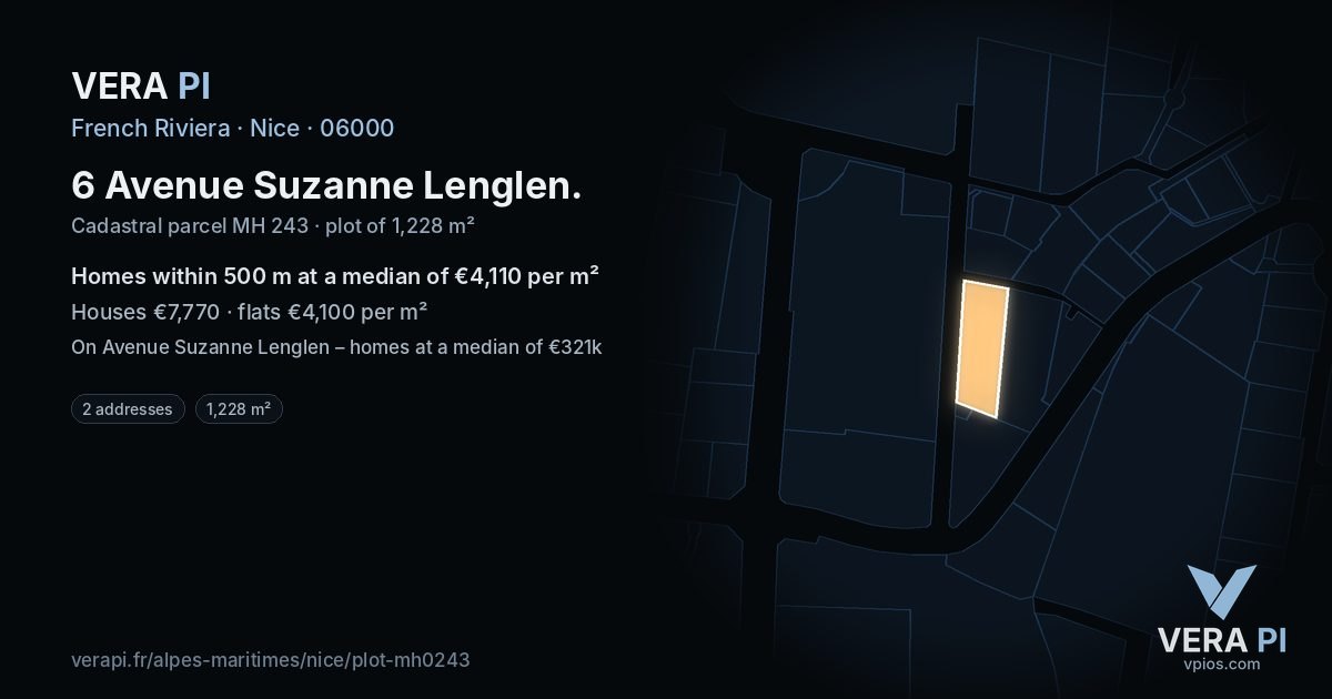 6 Avenue Suzanne Lenglen, Nice at night – the plot lit, the parcels around coloured by the prices near them