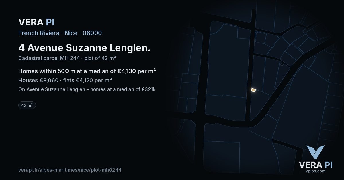 4 Avenue Suzanne Lenglen, Nice at night – the plot lit, the parcels around coloured by the prices near them