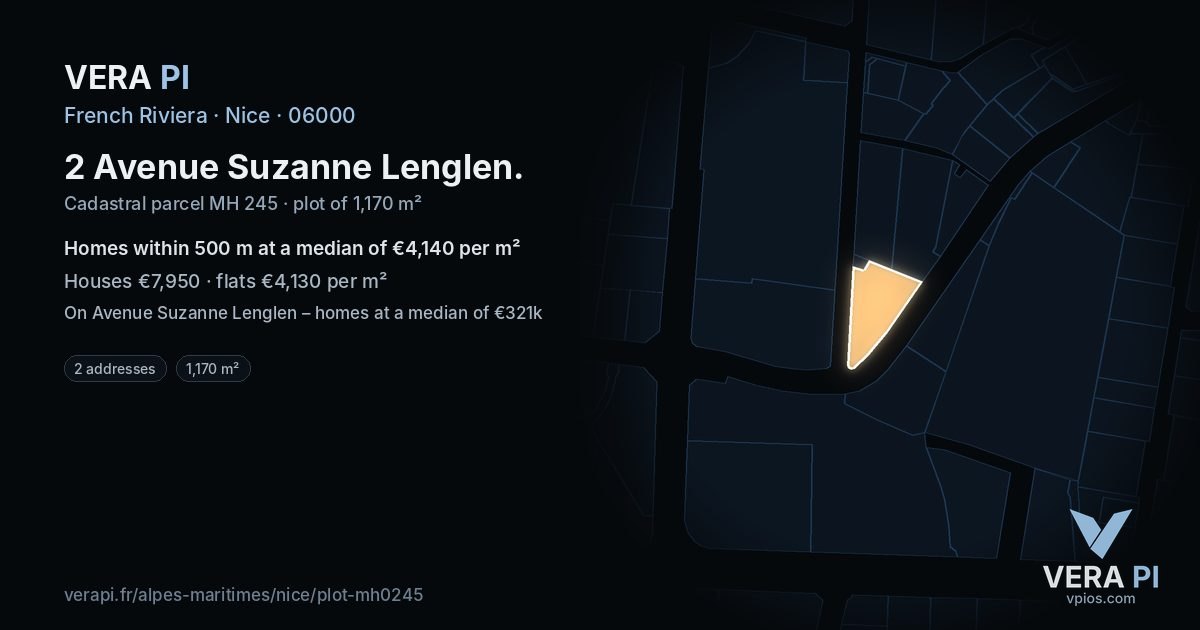 2 Avenue Suzanne Lenglen, Nice at night – the plot lit, the parcels around coloured by the prices near them