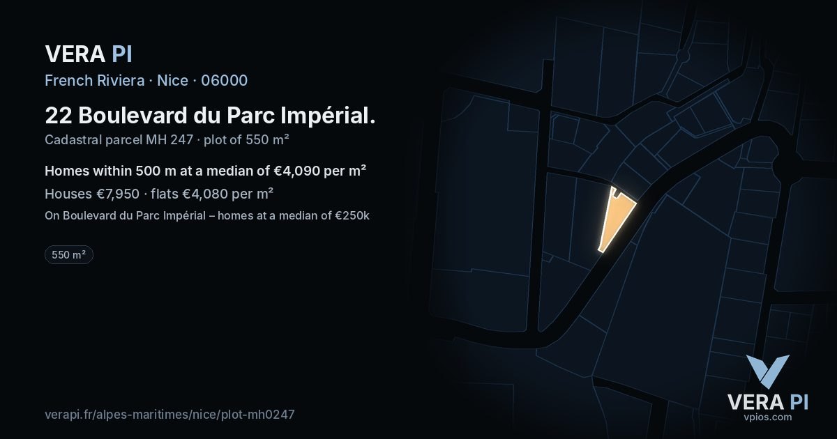 22 Boulevard du Parc Impérial, Nice at night – the plot lit, the parcels around coloured by the prices near them