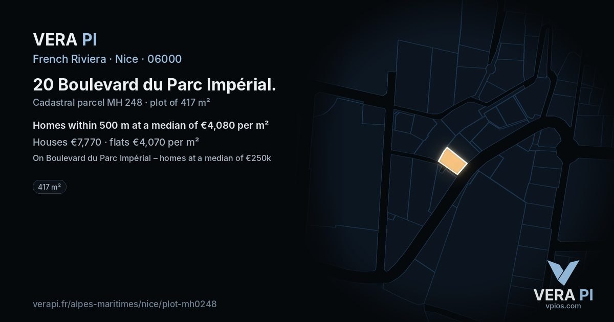 20 Boulevard du Parc Impérial, Nice at night – the plot lit, the parcels around coloured by the prices near them