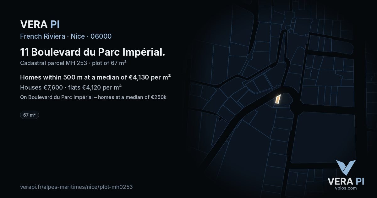 11 Boulevard du Parc Impérial, Nice at night – the plot lit, the parcels around coloured by the prices near them