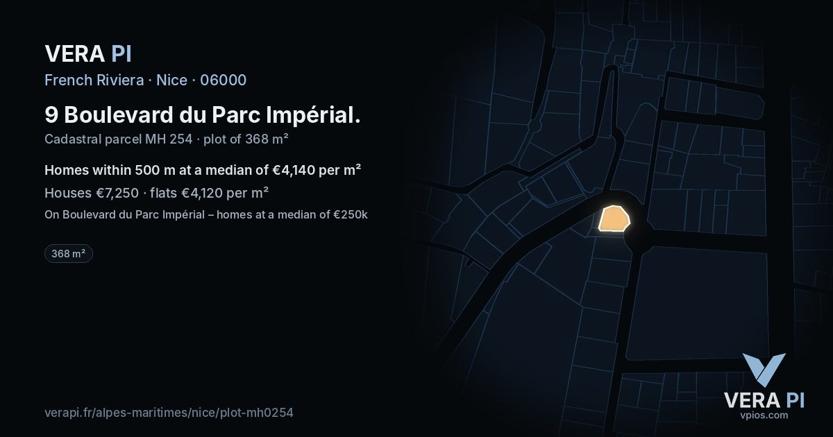 9 Boulevard du Parc Impérial, Nice at night – the plot lit, the parcels around coloured by the prices near them