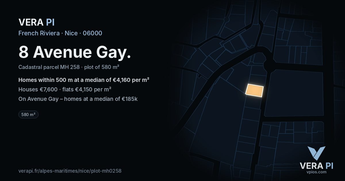 8 Avenue Gay, Nice at night – the plot lit, the parcels around coloured by the prices near them