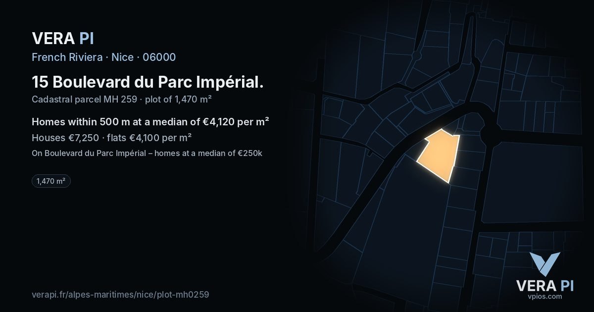 15 Boulevard du Parc Impérial, Nice at night – the plot lit, the parcels around coloured by the prices near them