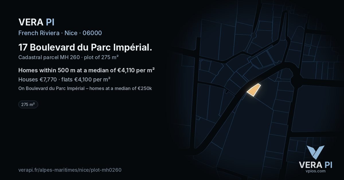 17 Boulevard du Parc Impérial, Nice at night – the plot lit, the parcels around coloured by the prices near them