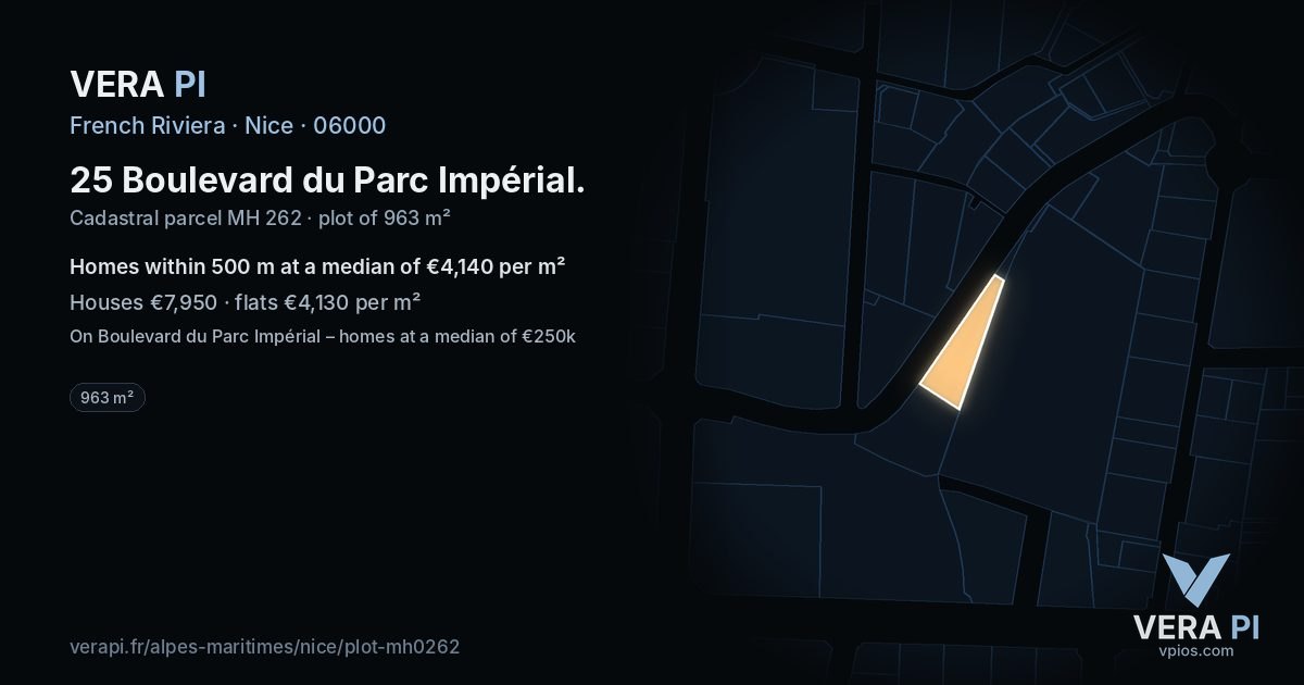 25 Boulevard du Parc Impérial, Nice at night – the plot lit, the parcels around coloured by the prices near them