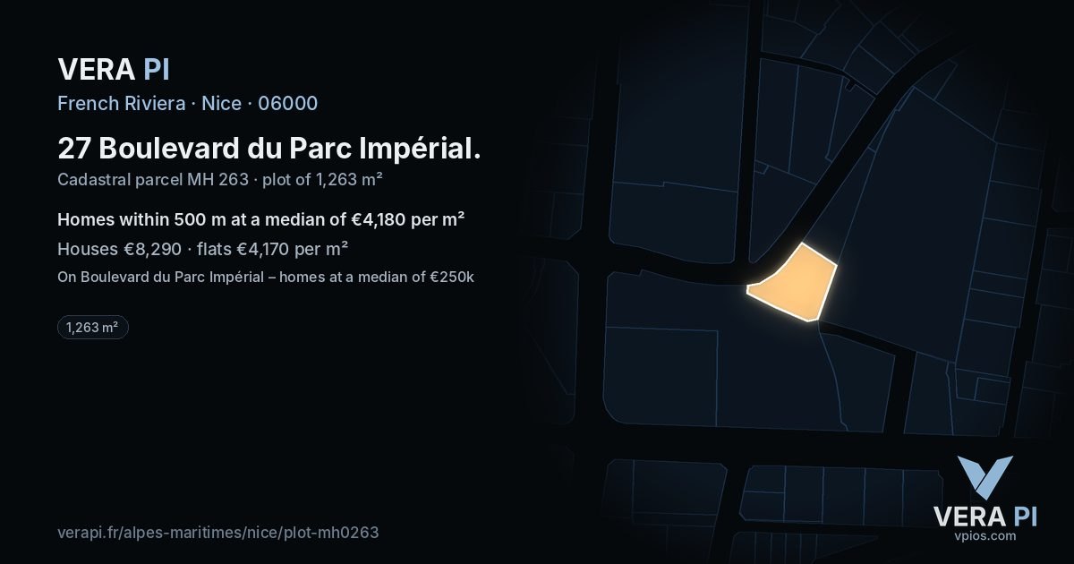 27 Boulevard du Parc Impérial, Nice at night – the plot lit, the parcels around coloured by the prices near them
